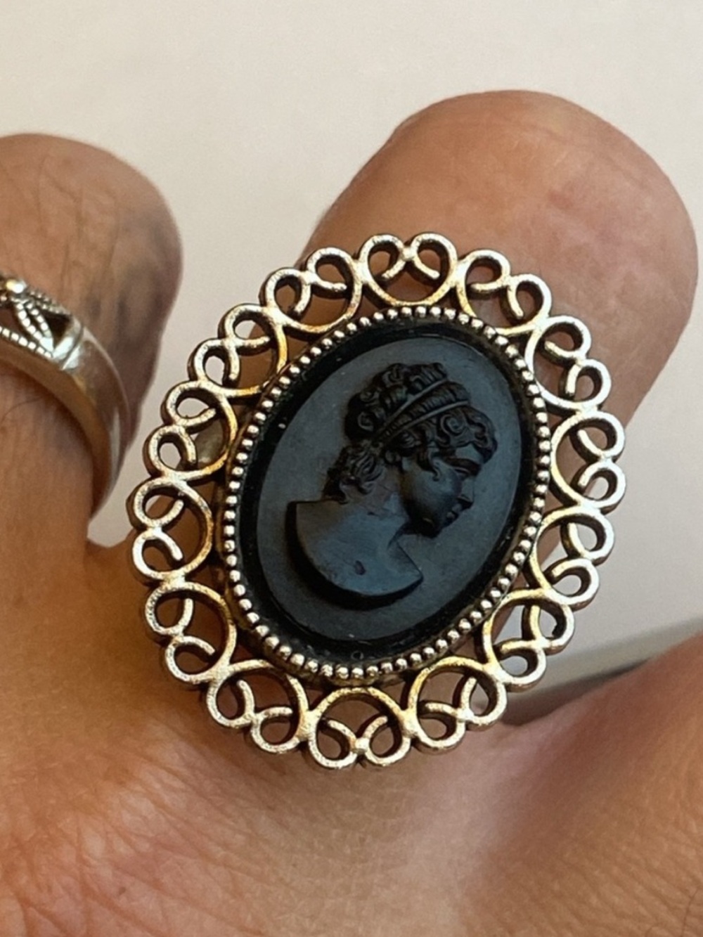 Vintage Black Cameo Filigree Statement Ring